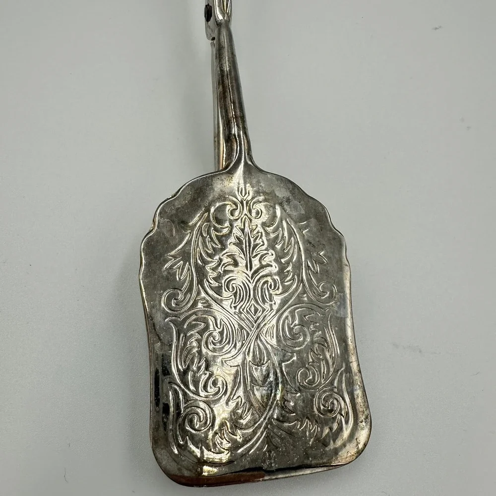 Vintage Ornate Silver Plated Scissor Serving Tongs EP Zinc Repousse Pastry Tongs